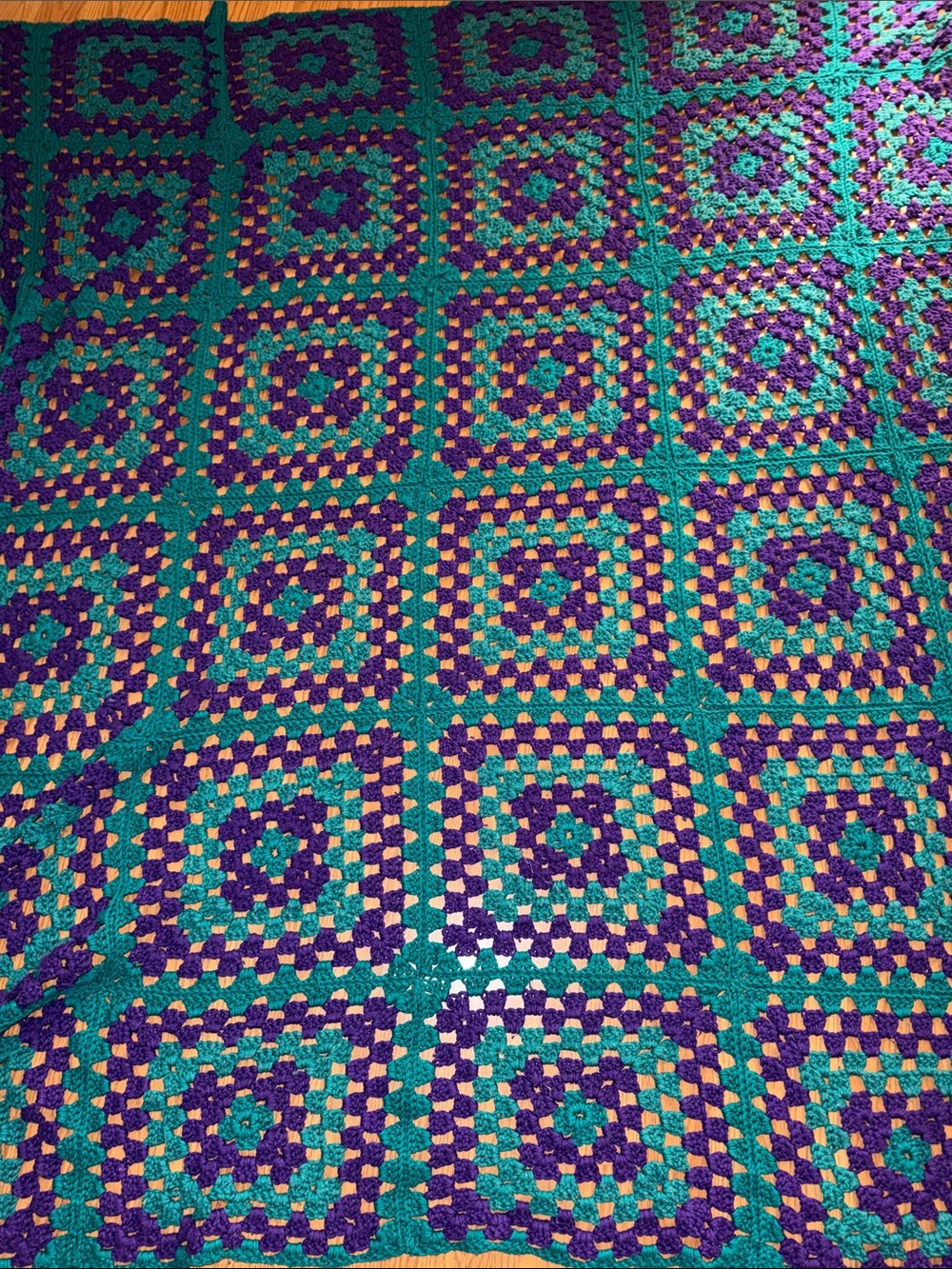 Handmade Crochet Granny Square Throw Blanket in Teal, Purple & Gold Accent
